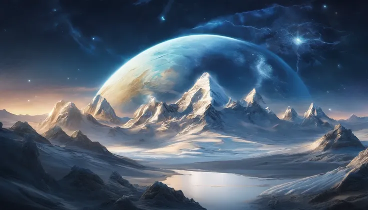 huge planet, the night, starrysky, surrealism, masutepiece, hight resolution、Impressive Milky Way:1.9、sand beach、Blue Sea、drift ice、lightning bolt:1.9、snow mountains、Mount Everest