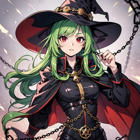 upper body, 1woman, green hair, Long Haired, red eyes, ((witch)), black cape, big breats, wallpaper, chain background, light particles, ((masterpiece)), ((best quality)), ((Top Quality)), pale white skin, solo,