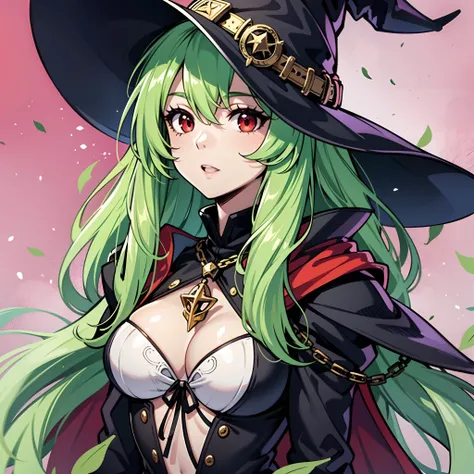 upper body, 1woman, green hair, Long Haired, red eyes, ((witch)), black cape, big breats, wallpaper, chain background, leaf particles, ((masterpiece)), ((best quality)), ((Top Quality)), pale white skin, solo,