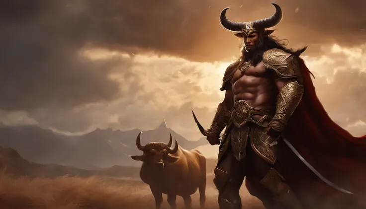 Minotaur in anime style: Majestic Minotaur, The majestic bulls head is decorated with spiral horns and deep ones, Expressive eyes. sport, No impressive armor and intricate details. The skin of bulls is dark brown，It is covered with thin ones, Short coat. H...