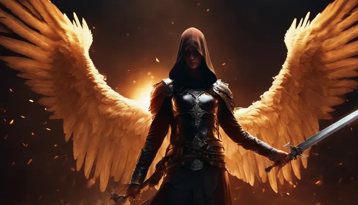 Realistic, 4K, Angels with big wings, Black clothes, one sword, Head hood in war background image (chaos)