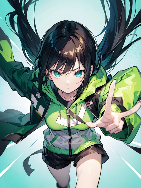 a cartoon girl with a green jacket and black hair pointing up, trigger anime artstyle, high quality anime artstyle, in an anime style, anime boy, in anime style, anime style character, anime artstyle, epic anime style, anime moe artstyle, anime style portr...