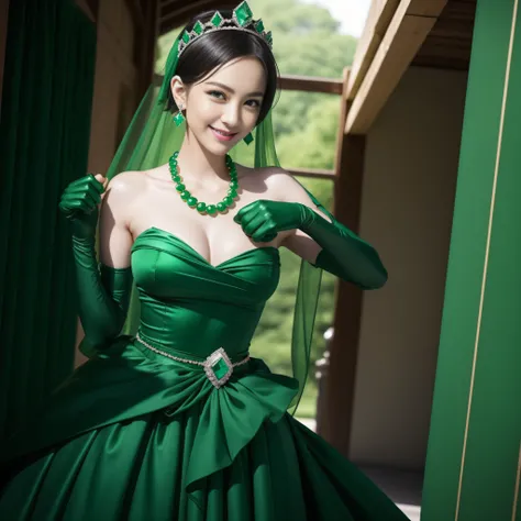 emerald tiara, Green Pearl Necklace, Boyish very short green hair, lipsticks, Japan woman smiling, very short short hair, fist, big breasts beautiful, Green eyes, Long green gloves made of satin material, Green eyes, Emerald Earrings, The tattoo