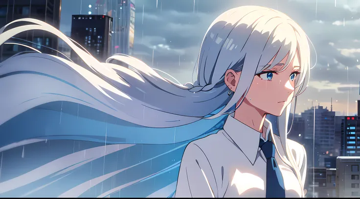 masterpiece, best quality, 1girl, solo, very long hair, white hair braided, blowing hair, earrings, crying, light blue eyes, sky, rain, transparent white shirt, blue necktie, sacks on chest, wet, close up, look at viewer, city