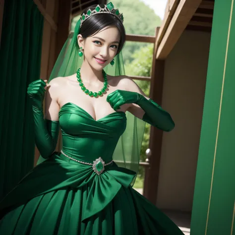 emerald tiara, Green Pearl Necklace, Boyish very short green hair, lipsticks, Japan woman smiling, very short short hair, fist, big breasts beautiful, Green eyes, Long green gloves made of satin material, Green eyes, Emerald Earrings, The tattoo