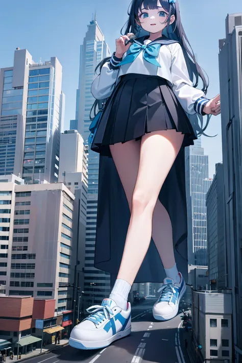 huge teenage girl in sneakers，a girl taller than a building，a sailor suit，short  skirt