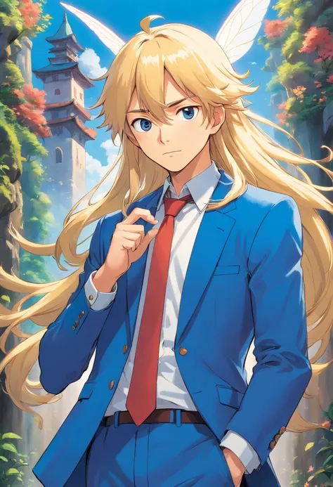 fairy in a blue suit and long, blond hair with a blond beard