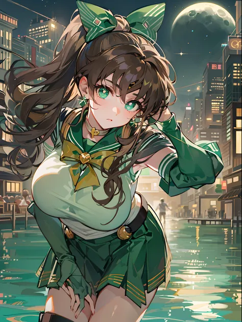 best quality,masterpiece,reality:0.6,1girl ,moonlight,under the moon,at night,cowboy shot,rich background,style of Sailor Moon,(Sailor Jupiter,)(Makoto Kino),Cocoa brown hair, emerald green pupils, (single curly ponytail), sailor suit, magical girl, nympho...