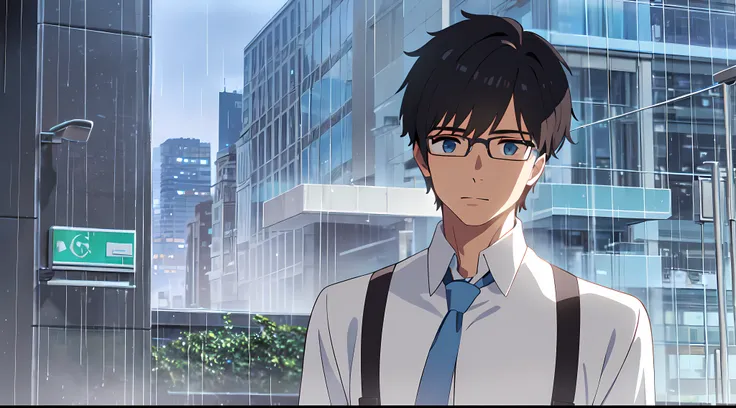 masterpiece, best quality, 1Boy, solo, short black hair, light blue eyes, eyewear, silent, sky, rain, transparent white shirt, blue necktie, sacks on chest, wet, close up, look at viewer, city