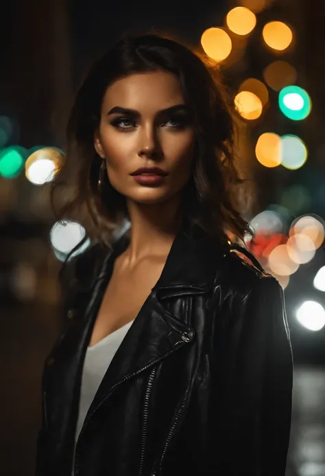 (best quality,4k,highres,masterpiece:1.2),ultra-detailed(realistic:1.37),portrait,black pantyhose,beautiful woman,street scene,seductive gaze,at night,dramatic lighting,vivid colors,crowded urban background,high fashion,urban chic,confident pose,city light...