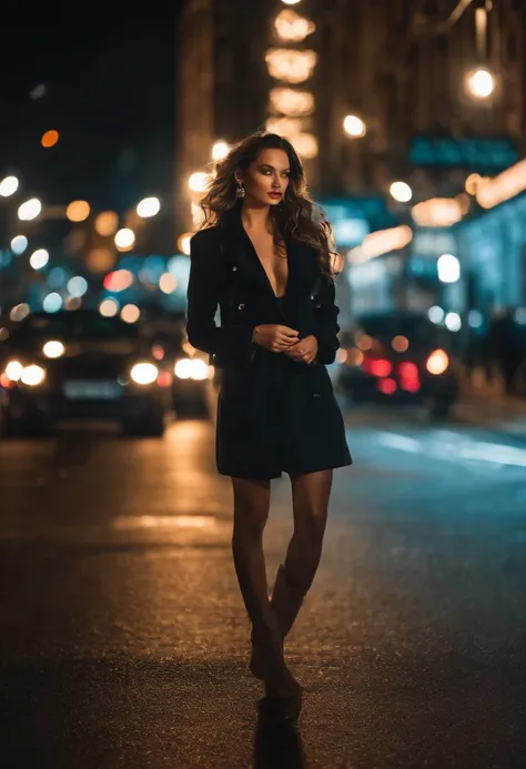 (best quality,4k,highres,masterpiece:1.2),ultra-detailed(realistic:1.37),portrait,black pantyhose,beautiful woman,street scene,seductive gaze,at night,dramatic lighting,vivid colors,crowded urban background,high fashion,urban chic,confident pose,city light...