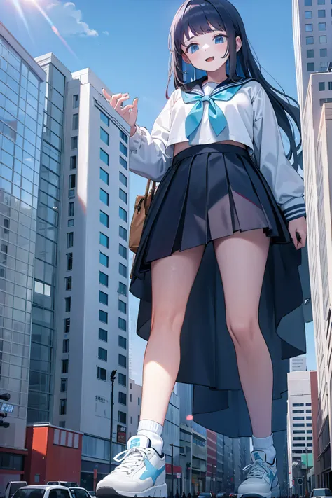 huge teenage girl in sneakers，a girl taller than a building，a sailor suit，short  skirt