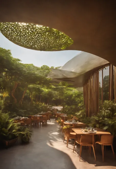 exterior view of a small café in India with an abundance of vegetation surrounding the terrace, une architecture futuriste accueillante, Parametric architecture, and a solarpunk atmosphere.