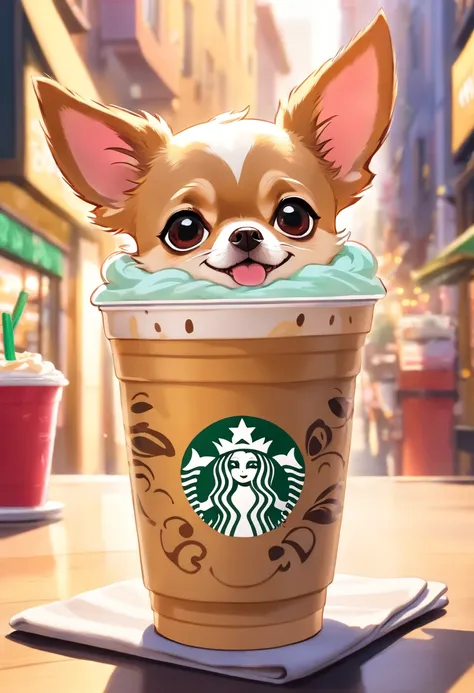 Unique, Cartoonish playful Chihuahua-shaped cup, Colorful Starbucks-style frappuccino, Chihuahua Starbucks style logo.