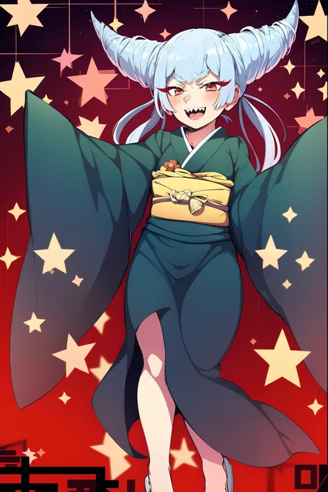 urara ayashimon, silver hair, horns hair, red eyes, loli, black kimono, sharpteeth, smug, smile, full body, flipflops, medium br...