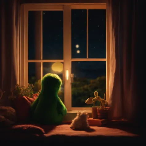 a dark room, night, light from outside the house reflects a sound through the window curtain, scene from a childrens film, style from the film "monster in the window", uhd