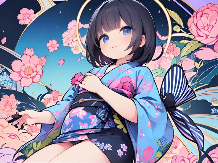 (​masterpiece),((top-quality)),(offcial art),(Beautiful and indulgent:1.2),(1girl in:1.3),Face peel the front,Small breasts,((Shortcut black hair beauty)),breasts are small、BREAK,Beautiful woman wearing yukata with bright design inspired by summer festival...