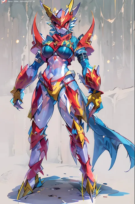 Masterpiece, best quality, flamedramon, red eyes, solo, multicolored body, white body, blue body,, red mask, red shirt horns, cave, leg strap, arm strap, claws, red leg armor, standing, large gauntlets,, standing, 1girl, big breast, bikini armor, full body