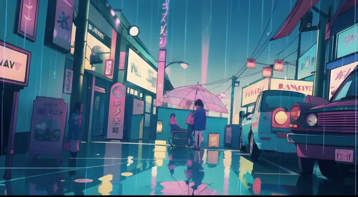 Rain-soaked street, Colorful umbrellas dot the cityscape with blue and pink splashes. Neon sign in retro style、Reflection of wet pavement, Establishment of the Lower Urban Symphony. Soft piano melodies set the mood, Evokes a calm and meditative atmosphere....