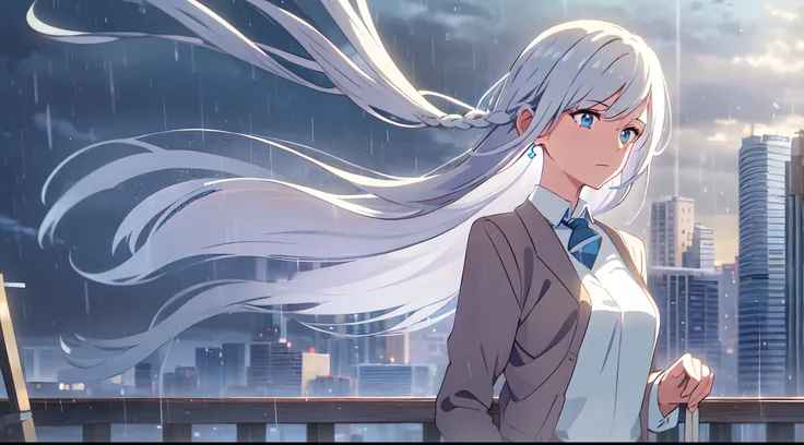 masterpiece, best quality, 1girl, solo, very long hair, white hair braided, blowing hair, earrings, crying, light blue eyes, sky, rain, transparent white shirt, blue necktie, sacks on chest, wet, close up, look at viewer, city