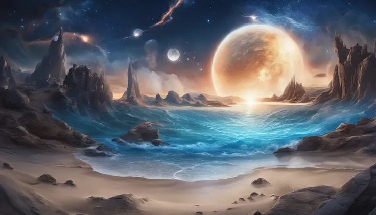 huge planet, the night, starrysky, surrealism, masutepiece, hight resolution、Impressive Milky Way:1.9、sand beach、Vast blue ocean、Blue glacier、lightning bolt:1.9