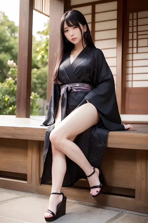 Sadako has a unique atmosphere that exudes creepiness and horror。 Sadako、Seductive smile:1.5,long black hair that hides the eyes、Kimono with detailed patterns、The exterior is eerie and attractive、Attractive flat chest.is standing,Standing,Flat chest with s...