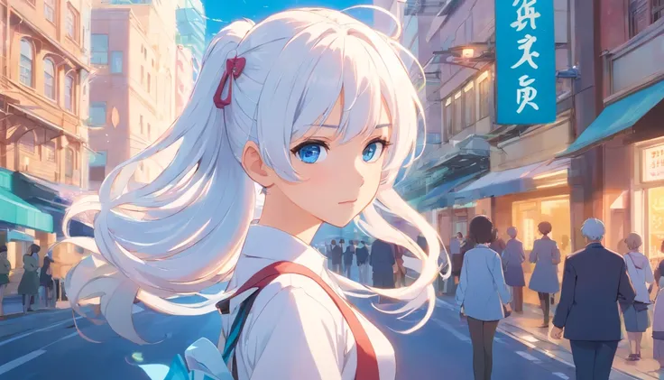 White color hair，Double ponytail curls，blue color eyes，White Lolita，Beth，A bustling city street