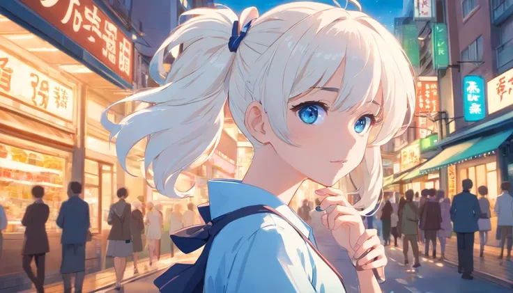 White color hair，Double ponytail curls，blue color eyes，White Lolita，Beth，A bustling city street