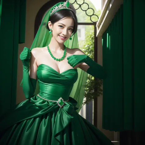 emerald tiara, Green Pearl Necklace, Boyish very short black hair, lipsticks, Japan woman smiling, very short short hair, big breasts beautiful, Green eyes, Long green gloves made of satin material, Green eyes, Emerald Earrings, Green dress