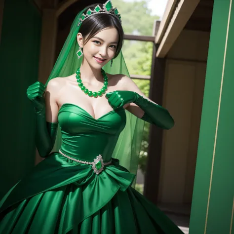 emerald tiara, Green Pearl Necklace, Boyish very short green hair, lipsticks, Japan woman smiling, very short short hair, fist, big breasts beautiful, Green eyes, Long green gloves made of satin material, Green eyes, Emerald Earrings