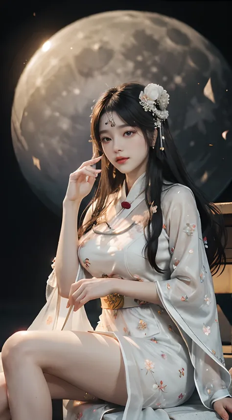 Change，(((Hanfu)))，(((period costume)))，(((White gauze dress)))，(((Huge Moon)))，Rabbit ears，Skysky，Sit Pose，Top CG，Highest image quality，tmasterpiece，Delicate and delicate beautiful girl，(Tall and tall)，Royal Sister，Queen temperament，with fair skin，(((long...