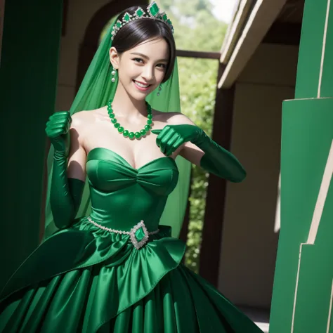 emerald tiara, Green Pearl Necklace, Boyish very short green hair, lipsticks, Japan woman smiling, very short short hair, fist, big breasts beautiful, Green eyes, Long green gloves made of satin material, Green eyes, Emerald Earrings