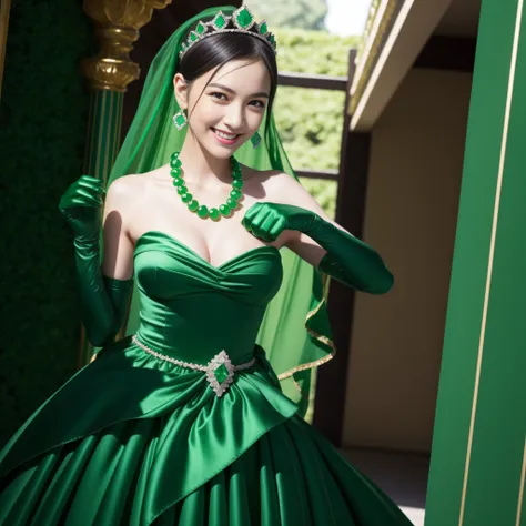 emerald tiara, Green Pearl Necklace, Boyish very short black hair, lipsticks, Japan woman smiling, very short short hair, big breasts beautiful, Green eyes, Long green gloves made of satin material, Green eyes, Emerald Earrings, Green dress