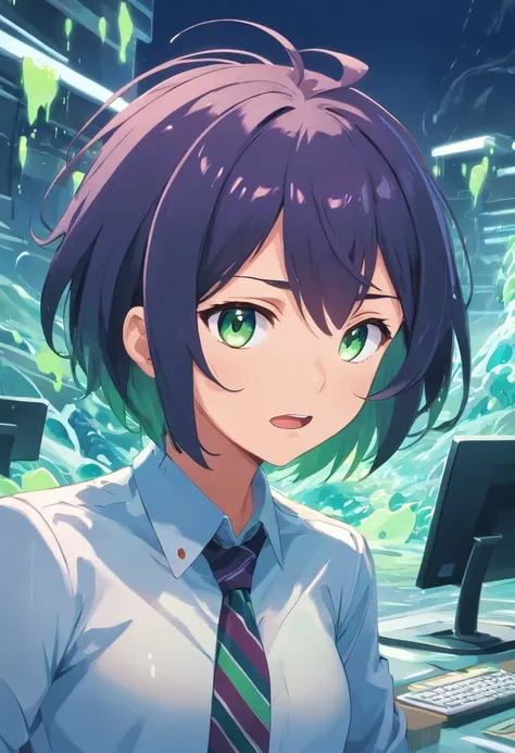 (slime girl, masculine face, short hair), {office background}, {{tie, shirt, business suit}}, horrified, {slime creature, lava slime, slime girl, slime transformation},