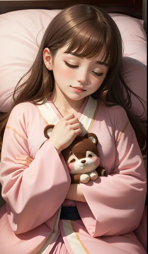 Sleeping Girl, 20 years old, Realistic,Wearing a kimono, Expressions of satisfaction and relief, Brown hair. Pink bed theme and some cute stuffed animals on the bed,An ultra-high picture quality,high-detail,