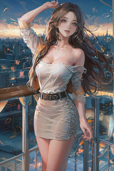 ((A beautiful and cute woman is standing on the terrace)), ((22-year-old beauty)), ((charming smile)), ((her long hair is blowing in the wind)), ((her miniskirt is Its waving in the wind)), (( You can see the cleavage of her plump bust from the blouse)), (...