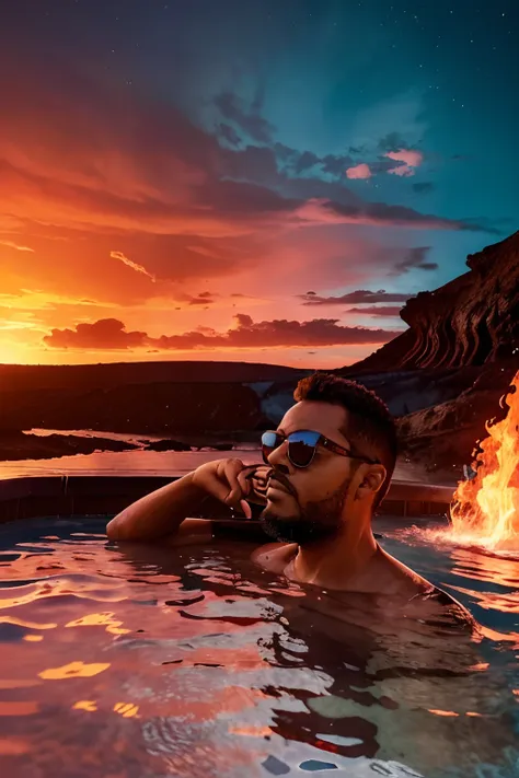 guttoépico2, "an individual wearing sunglasses inside a pool of volcanic lava. the sky above is tinged in fiery red tones, and t...