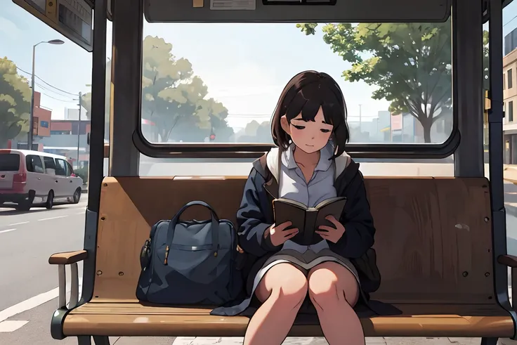 A girl sits at a bus stop and reads a book