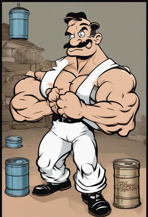 realistic popeye holding can between biceps and forearm, popeye holding a Bleu De France can in his hand, (popeye:1.5), (flexing biceps:1.3), (holding can with biceps:1.4), soyjackarafed man in a sailors hat and white tank top, big biceps, large muscles, h...