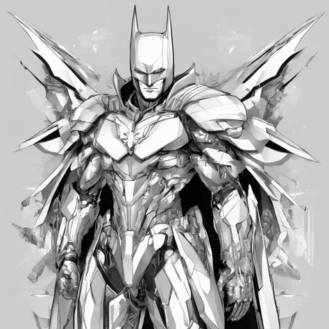 batman in armor with a sword and a cape on his shoulders, intricate assassin mecha armor, elegant smooth silver armor, sleek smooth white plated armor, silver cyber armor, gold and silver armour suit, shiny silver metal armor, arasaka mech, white plated ar...