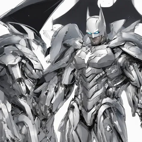 batman in armor with a sword and a cape on his shoulders, intricate assassin mecha armor, elegant smooth silver armor, sleek smooth white plated armor, silver cyber armor, gold and silver armour suit, shiny silver metal armor, arasaka mech, white plated ar...