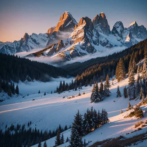 As the first light of dawn begins to break over the mountains, the landscape transforms into a breathtaking, ethereal scene. The towering peaks of these majestic mountains are bathed in soft, rosy hues as the sun peeks above the horizon, casting a warm and...