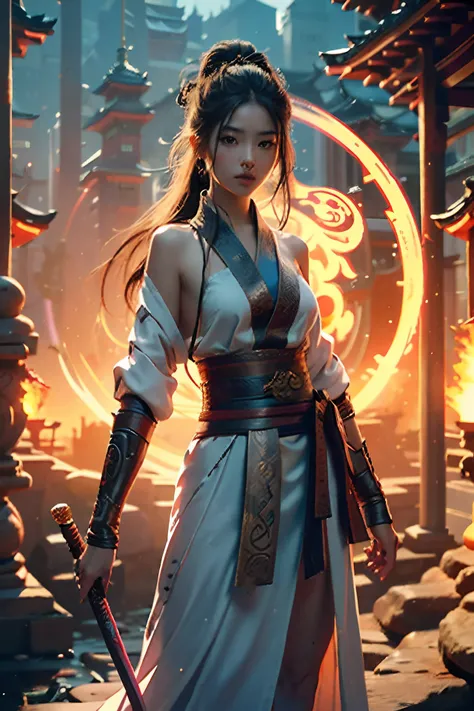 Best Quality, Masterpiece, Ultra High Resolution, (Realistic: 1.4), nude mulan, sword, Detail Face, 1 tiny Girl, Solo, Weapon, (Magic Circle: 1.2), Xiuxian, small breasts, Naked Young Woman, Full Body, East Asian Architecture, Sheath, Building,