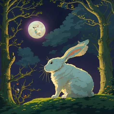 white rabbit looking up at full moon，Diagonal composition