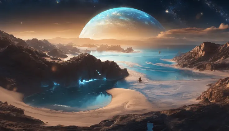 huge planet, the night, starrysky, surrealism, masutepiece, hight resolution、Impressive Milky Way:1.9、sand beach、Vast blue ocean、Blue glacier、lightning bolt:1.9、Protoplanets