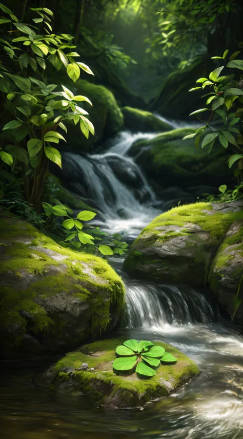 vague background，small stream，ln the forest，four-leaf clover，(Best quality,4K,8K,A high resolution,Masterpiece:1.2),Ultra-detailed,(Realistic,Photorealistic,photo-realistic:1.37),Soft lighting,