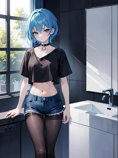 1femboy, boy dessing like a girl, medium blue hair, green eyes, flushed, choker, black crop top, denim shorts, black pantyhose, white sneakers, bathroom, absurdres, high res, ultrasharp, 8K, masterpiece, looking at viewer