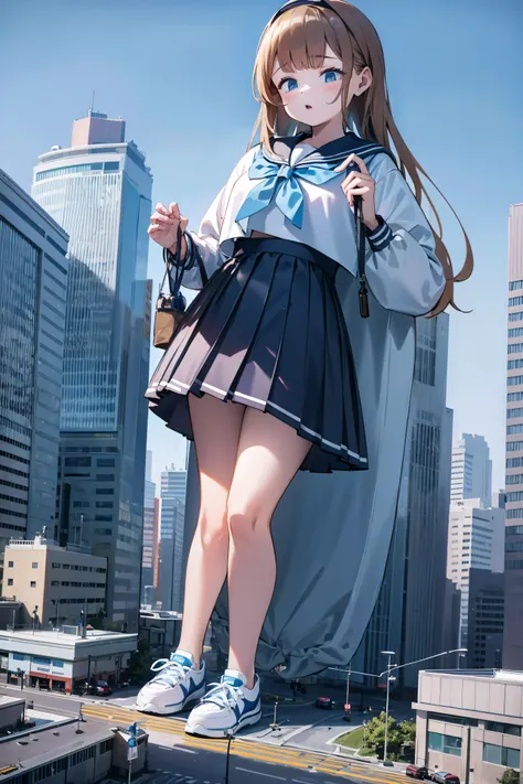 huge maiden in sneakers，a girl taller than a building，a sailor suit，short  skirt,crouch girl，train miniature toy in hand