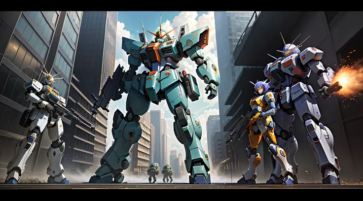 Artwork in anime style，Two robots holding guns in the city, Mobile Suit, modern mecha anime, Best anime 4k konachan wallpaper, gouf mobile suit, soldiers and mech fight, cool mecha style, Badass anime 8 K, mech machines firing bullets, war mechs fighting, ...