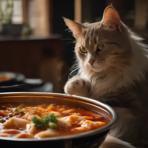 A cat that resembles a human is eating hotpot